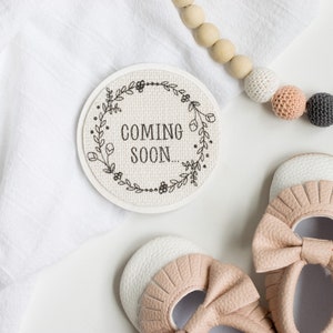 TWO SIDES - Coming Soon & Hello World - Wood Burlap Plaque Sign Baby Photo Prop - Newborn Photography Hospital Announcement Disc Shower Gift