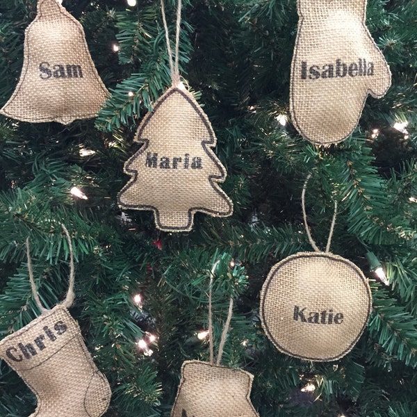 Christmas Tree Ornament• Mitten• Stocking Burlap Brown Personalized Name Rustic Country Theme •Made to Order•