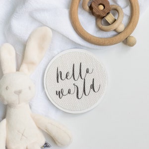 Hello World - Wood Burlap Plaque Sign - Baby Photo Prop - Newborn Photography Hospital Announcement Milestone Card Disc Baby Shower Gift