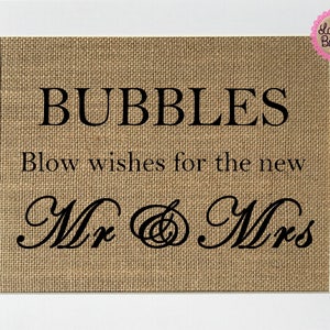 BIGGEST SALE Bubbles Wishes For The New Mr & Mrs / Burlap Print Sign 5x7 / Rustic Vintage Shabby Chic Wedding Sign Just Married