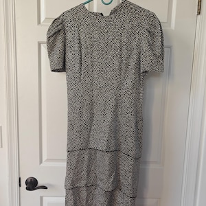 Vintage Silk Studio 100% Silk Black/White Polka Dot Puff Sleeve Drop Waist Midi Dress - Vintage Size 10 (M)