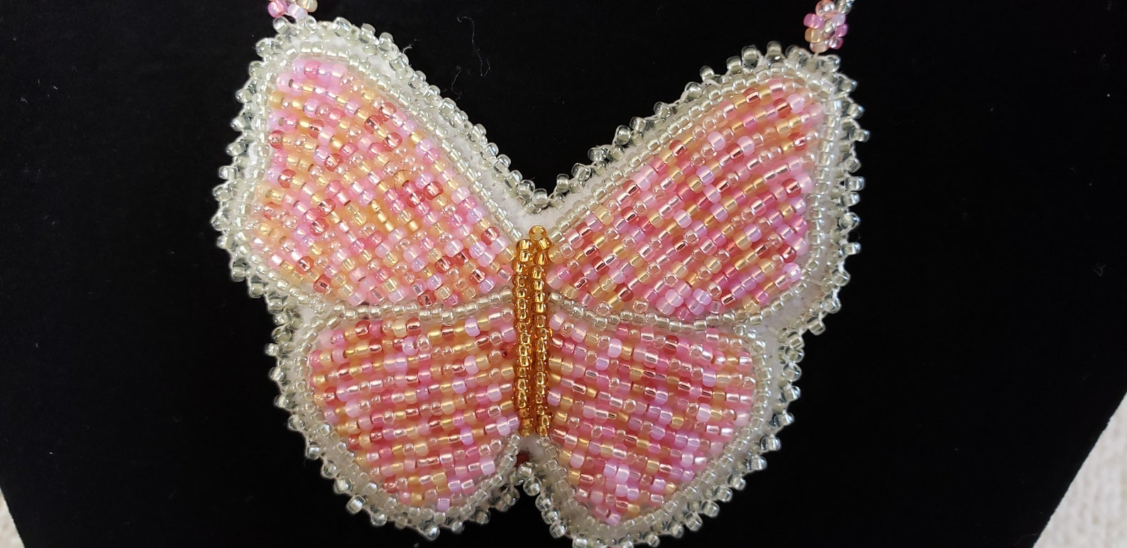 Beaded butterfly medallion charm necklace pink green gold Etsy