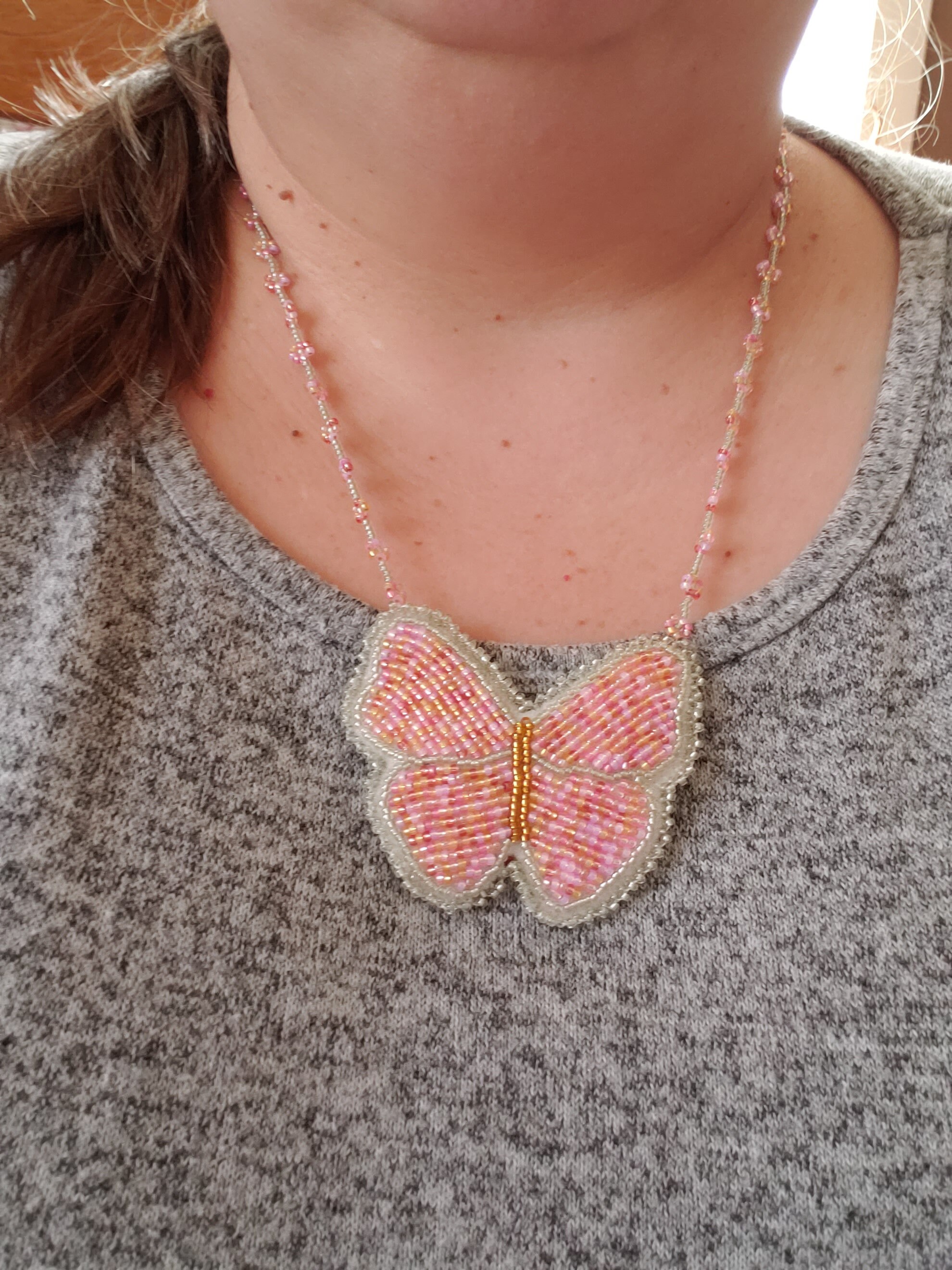 Beaded butterfly medallion charm necklace pink green gold Etsy