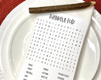 Thanksgiving Place Setting Word Search Imprimable | Carte de place de table d’invités | Activité amusante téléchargeable | Attendre le repas Télécharger | Reconnaissant