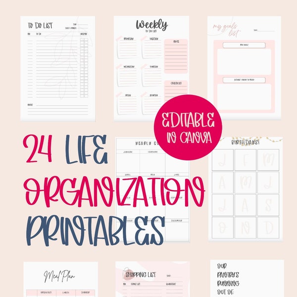 INSTANT DIGITAL DOWNLOAD 24 Editable Printable Lists To Get Organized Bundle | Life Organizing | Undated | Home Management Binder | Adult