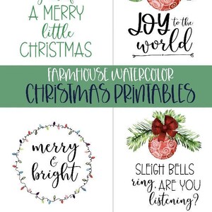 Può includere: Una collezione di quattro stampe natalizie ad acquerello. I disegni includono testi festivi come "Have Yourself a Merry Little Christmas" e "Joy to the World", insieme a ornamenti decorativi e il testo "Merry & Bright". Sono incluse anche le parole "Farmhouse Watercolor Christmas Printables".