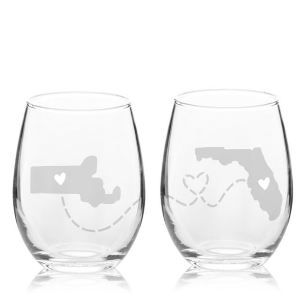 ENGRAVED SET OF 2 Long Distance Wine Glass | Goodbye Gift | Father's Day | Custom Wine Glass | State To State Wine Glass | Go Away Gift