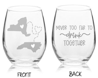 Personalized Long Distance Wine Glass – ‘Never Too Far to Drink Together’ Engraved with Connected States & Custom Heart Locations