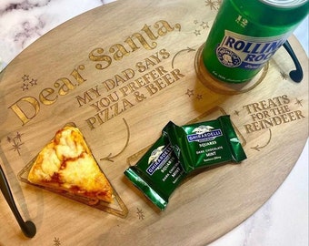 Pizza & Beer Santa Cookie Tray Plate | Funny Christmas | Cute Kids Gift Idea | Pizza Lover Elf | Xmas | Dear Santa Pizza And Beer Wood Tray