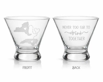 Personalized Long Distance Martini Glass – ‘Never Too Far to Drink Together’ Engraved with Connected States & Custom Heart Locations