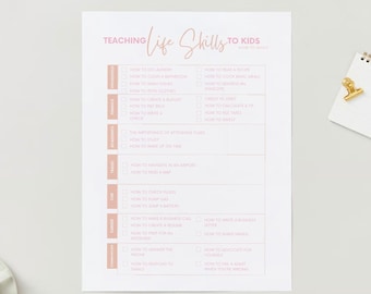 May include: A white paper with the text "Teaching Life Skills to Kids" in a pink script font. The paper is a checklist with categories like Household, Finance, and Career, with checkboxes for various life skills.