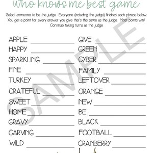 May include: Thanksgiving-themed game sheet titled "Who Knows Me Best Game." The sheet features fill-in-the-blank prompts and instructions for a group activity. Colorful watercolor pumpkins decorate the bottom of the page. The text is in a mix of fonts.