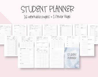 May include: A black and white printable student planner with 16 pages and a cover page. The cover page has a blue watercolor background with the text "STUDENT PLANNER" in black.
