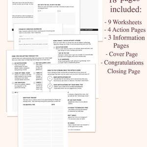 Pode incluir: Um caderno de desintoxica&ccedil;&atilde;o digital com 18 p&aacute;ginas, incluindo folhas de trabalho, p&aacute;ginas de a&ccedil;&atilde;o e p&aacute;ginas de informa&ccedil;&atilde;o. O caderno apresenta um design em preto e branco com uma est&eacute;tica minimalista. O texto na capa diz "18 p&aacute;ginas inclu&iacute;das: 9 folhas de trabalho, 4 p&aacute;ginas de a&ccedil;&atilde;o, 3 p&aacute;ginas de informa&ccedil;&atilde;o, capa, parab&eacute;ns, p&aacute;gina de encerramento".