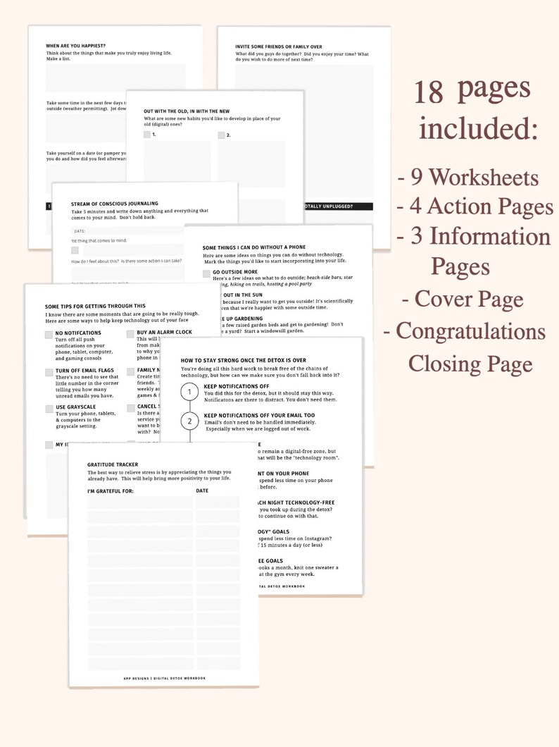 Pode incluir: Um caderno de desintoxica&ccedil;&atilde;o digital com 18 p&aacute;ginas, incluindo folhas de trabalho, p&aacute;ginas de a&ccedil;&atilde;o e p&aacute;ginas de informa&ccedil;&atilde;o. O caderno apresenta um design em preto e branco com uma est&eacute;tica minimalista. O texto na capa diz "18 p&aacute;ginas inclu&iacute;das: 9 folhas de trabalho, 4 p&aacute;ginas de a&ccedil;&atilde;o, 3 p&aacute;ginas de informa&ccedil;&atilde;o, capa, parab&eacute;ns, p&aacute;gina de encerramento".