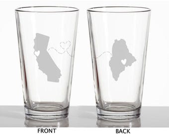 Personalized Long Distance State Pint Glass • Custom Engraved States with Hearts & Dotted Line • Friendship, Couple, Family Gift