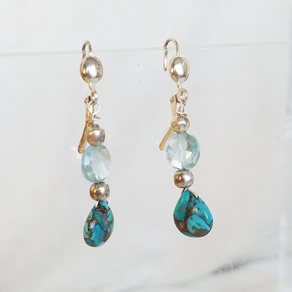 Dangle Earrings w/Smooth, Beautifully Veined Turquoise Drop and and Light Blue Quartz with Sterling Silver Spacers and Lever Back