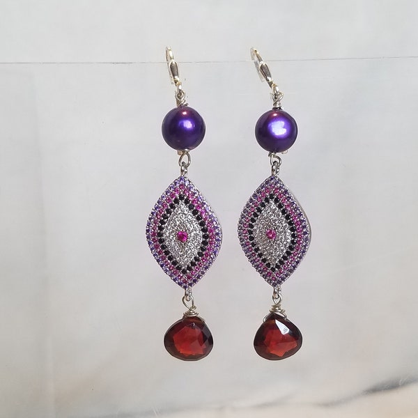 Facet Cut, Pear Shaped AAA Red Garnet and Round, Violet Freshwater Pearl/Almond-Shaped, Multi-Colored Pave Set Center Finding and Lever Back