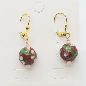 Dangle Earrings w/Opal and Vintage Red-Brown Floral Cloisonne Bead on Gold Filled Ear Wire