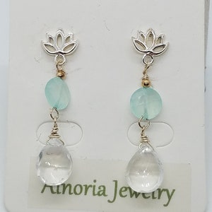 Facet Cut Rock Quartz Drop and Facet Cut, Flat Round Light Blue Chalcedony Bead on Sterling Silver Lotus Flower Post
