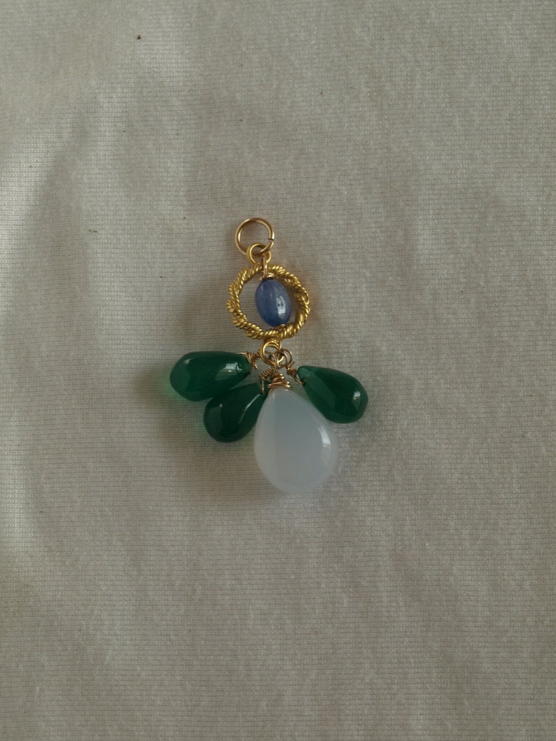 baby blue chalcedony drop and three polished green agate drops below rope-style vermeil ring with polished oval sapphire Large polished