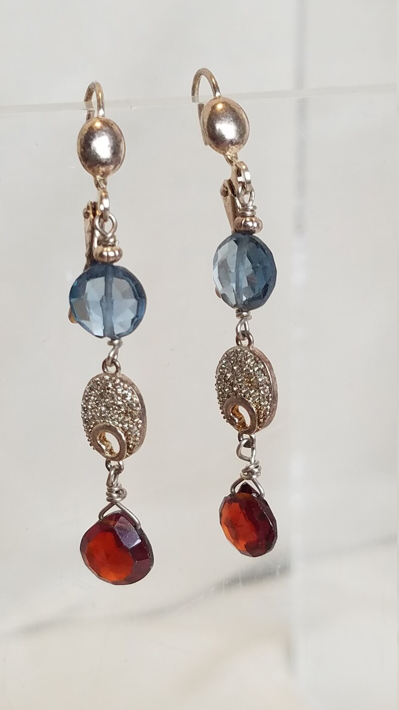 Dangle Earrings wFacet Cut Blue Quartz Disc Bead around Oval AAA Grade Blood Red Garnet Drop and Facet Cut Pave Set Spacer