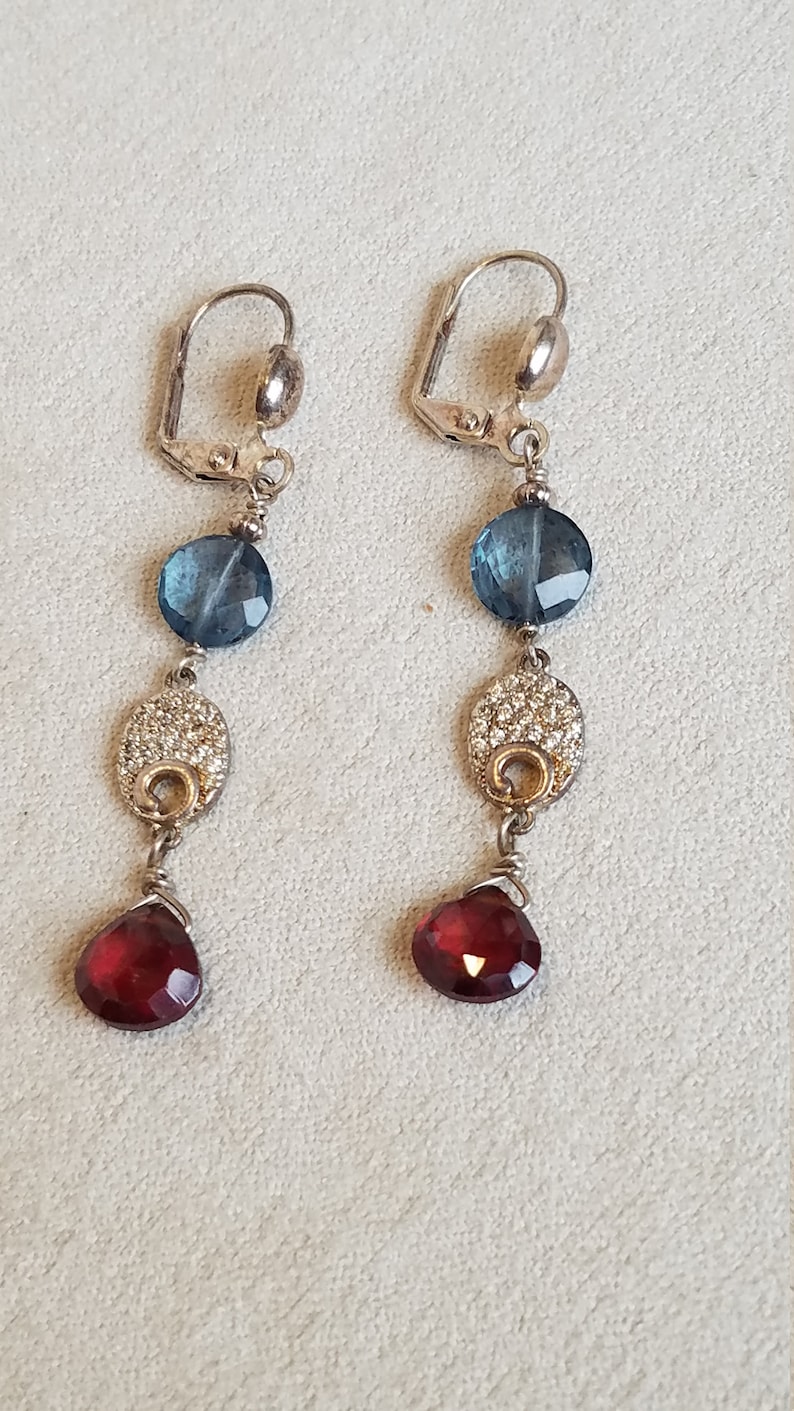 Dangle Earrings wFacet Cut Blue Quartz Disc Bead around Oval AAA Grade Blood Red Garnet Drop and Facet Cut Pave Set Spacer