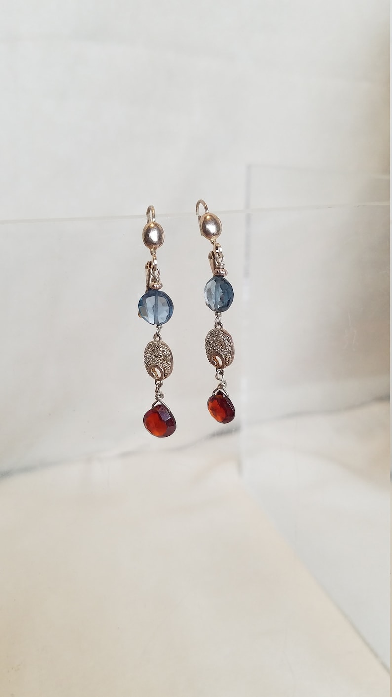 Dangle Earrings wFacet Cut Blue Quartz Disc Bead around Oval AAA Grade Blood Red Garnet Drop and Facet Cut Pave Set Spacer