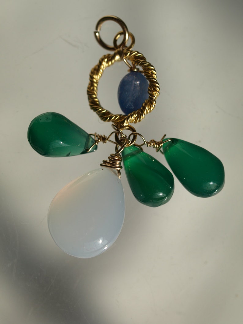 baby blue chalcedony drop and three polished green agate drops below rope-style vermeil ring with polished oval sapphire Large polished