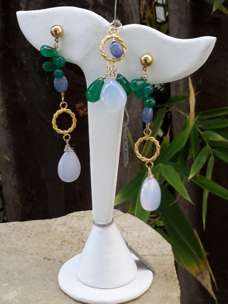 baby blue chalcedony drop and three polished green agate drops below rope-style vermeil ring with polished oval sapphire Large polished