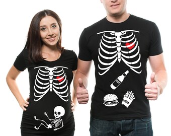 Skeleton Single Baby Couple Matching Maternity T-Shirt Pregnancy Halloween Costume Funny X-Ray Skeleton Tee Shirts