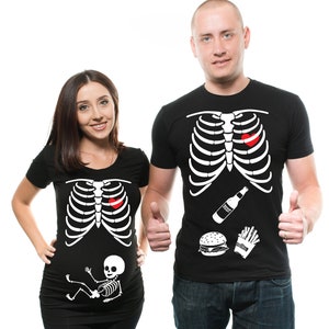 Skeleton Single Baby Couple Matching Maternity T-Shirt Pregnancy Halloween Costume Funny X-Ray Skeleton Tee Shirts image 1