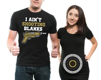 Couple Pregnancy Matching T-Shirts Funny Shooting Blanks Dad Maternity Birth Announcement Tee Shirts