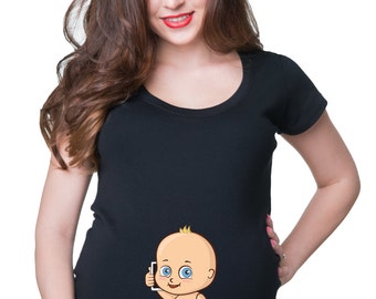 Maternity Top Cute Baby With Phone Pregnancy Shirt Birth Announcement Shirt