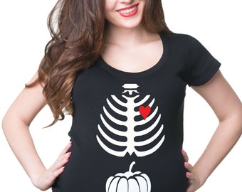 Maternity T-Shirt Skeleton Pumpkin Tee Shirt Gift For Pregnant Woman Pregnancy Top Halloween Costume