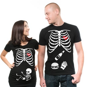 Skeleton Single Baby Couple Matching Maternity T-Shirt Pregnancy Halloween Costume Funny X-Ray Skeleton Tee Shirts image 2