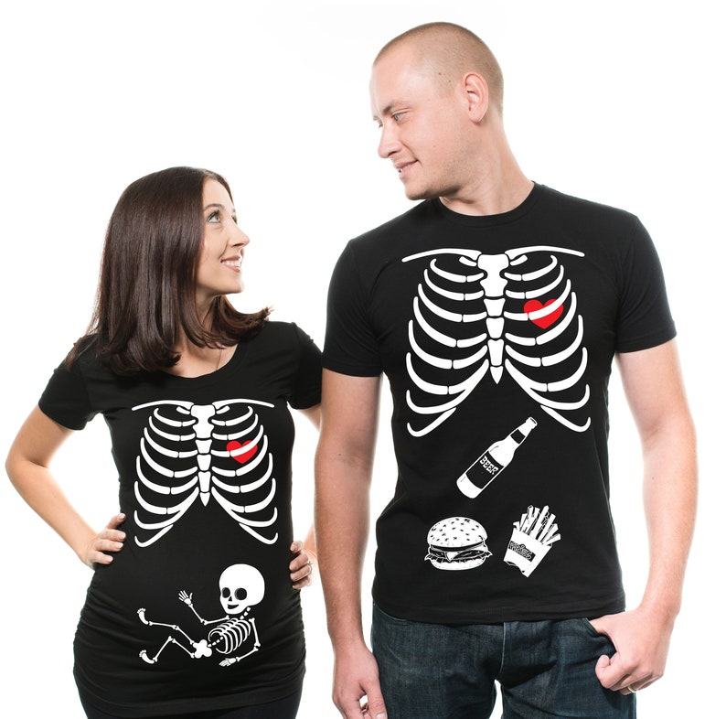 Skeleton Single Baby Couple Matching Maternity T-Shirt Pregnancy Halloween Costume Funny X-Ray Skeleton Tee Shirts image 2