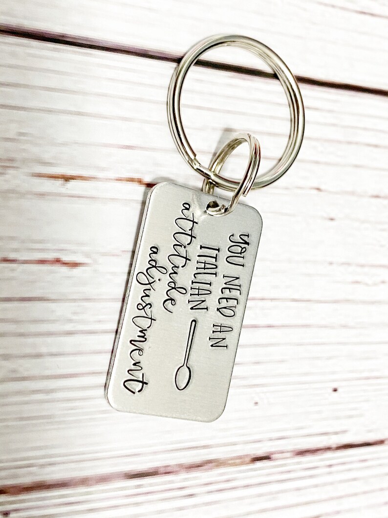 Italian attitude adjustment Keychain Italian American Wooden spoon Funny keychain Fun gift Italian gift Hand stamped keychain Stamped keys