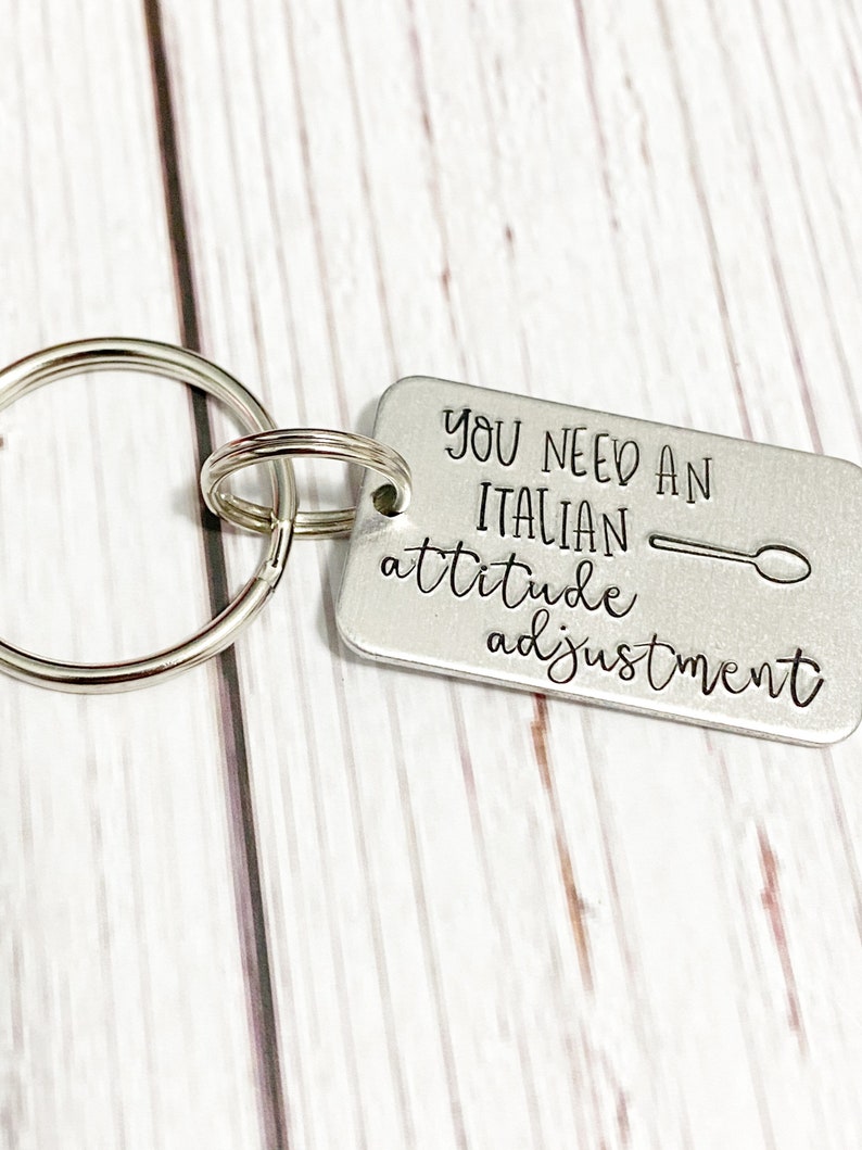 Italian attitude adjustment Keychain Italian American Wooden spoon Funny keychain Fun gift Italian gift Hand stamped keychain Stamped keys