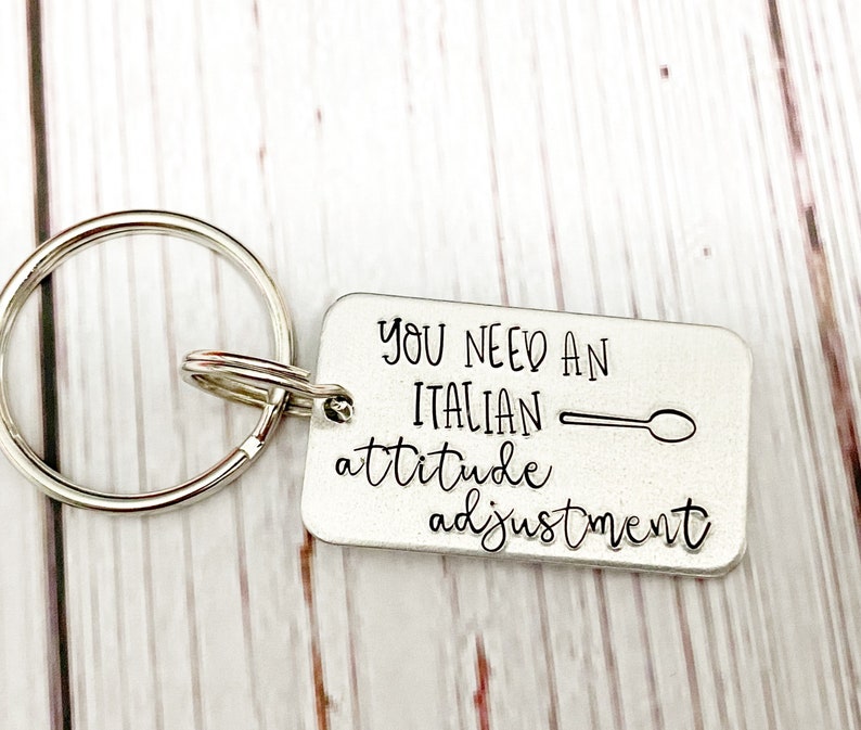 Italian attitude adjustment Keychain Italian American Wooden spoon Funny keychain Fun gift Italian gift Hand stamped keychain Stamped keys