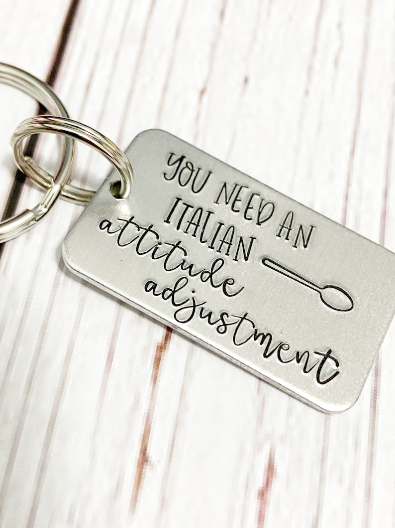 Italian attitude adjustment Keychain Italian American Wooden spoon Funny keychain Fun gift Italian gift Hand stamped keychain Stamped keys