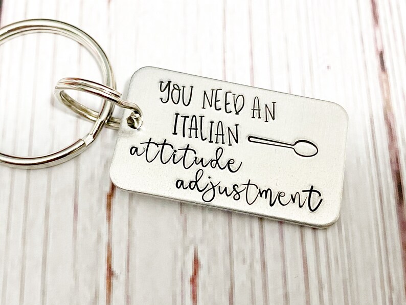 Italian attitude adjustment Keychain Italian American Wooden spoon Funny keychain Fun gift Italian gift Hand stamped keychain Stamped keys