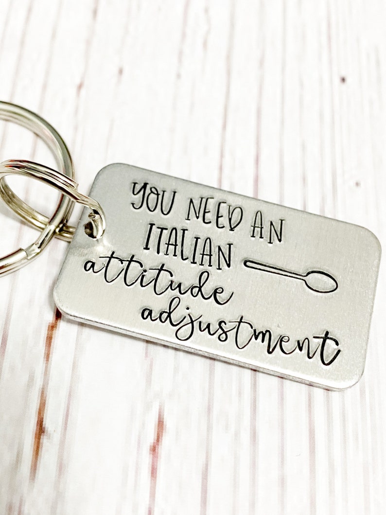 Italian attitude adjustment Keychain Italian American Wooden spoon Funny keychain Fun gift Italian gift Hand stamped keychain Stamped keys