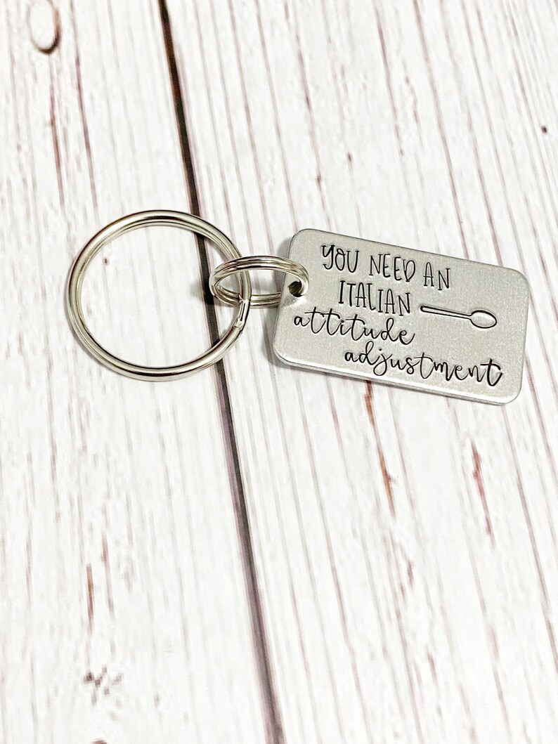 Italian attitude adjustment Keychain Italian American Wooden spoon Funny keychain Fun gift Italian gift Hand stamped keychain Stamped keys