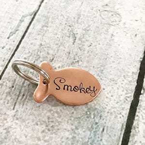 Cat tag - Hand stamped cat tag - Custom cat tag - Fish shaped cat tag - Pet tag - Cat id tag - Personalized tag - Tag for pet - Animal lover