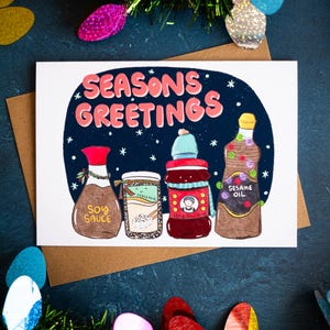 Asian Sauce Seasons Greetings Card | Fun Holiday Card for Food Lovers & Culinary Enthusiasts