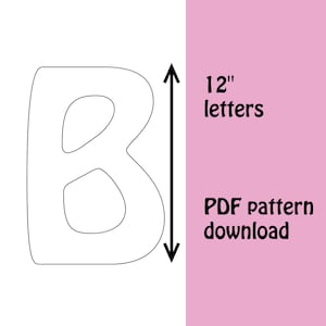 以下が含まれることがあります： 白い文字「B」の輪郭と30.48cmの測定インジケーター。テキスト「12」letters」と「PDF pattern download」はピンク色の背景にあります。