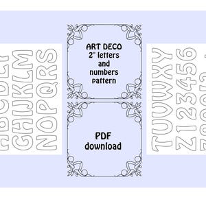 Pode incluir: Um download digital azul claro com letras, números e símbolos em estilo Art Déco. O design inclui o alfabeto, os números 1-0 e sinais de pontuação. O texto diz "ART DECO 2" letras e números padrão" e "PDF download".