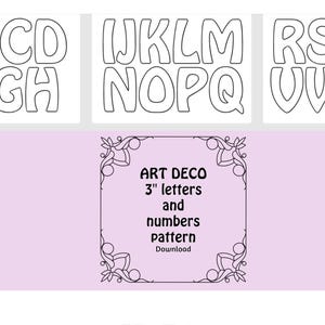 May include: Black and white outline of the alphabet letters A through Z, with the letters arranged in three rows. The image also includes the text "ART DECO 3" letters and numbers pattern Download."