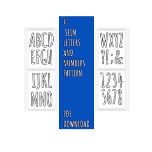 May include: A digital PDF download featuring a slim letter and number pattern. The design includes the alphabet, numbers, and symbols, all in a simple, outlined style. The text "4" is visible at the top, and the letters and numbers are approximately 10 cm in height.